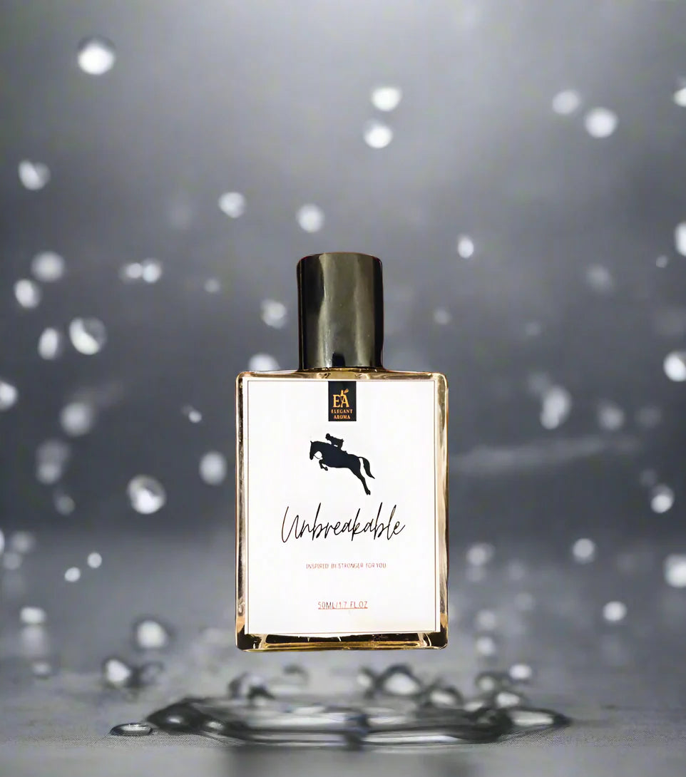 Perfume bottle labeled 'Unbreakable' with a dark background